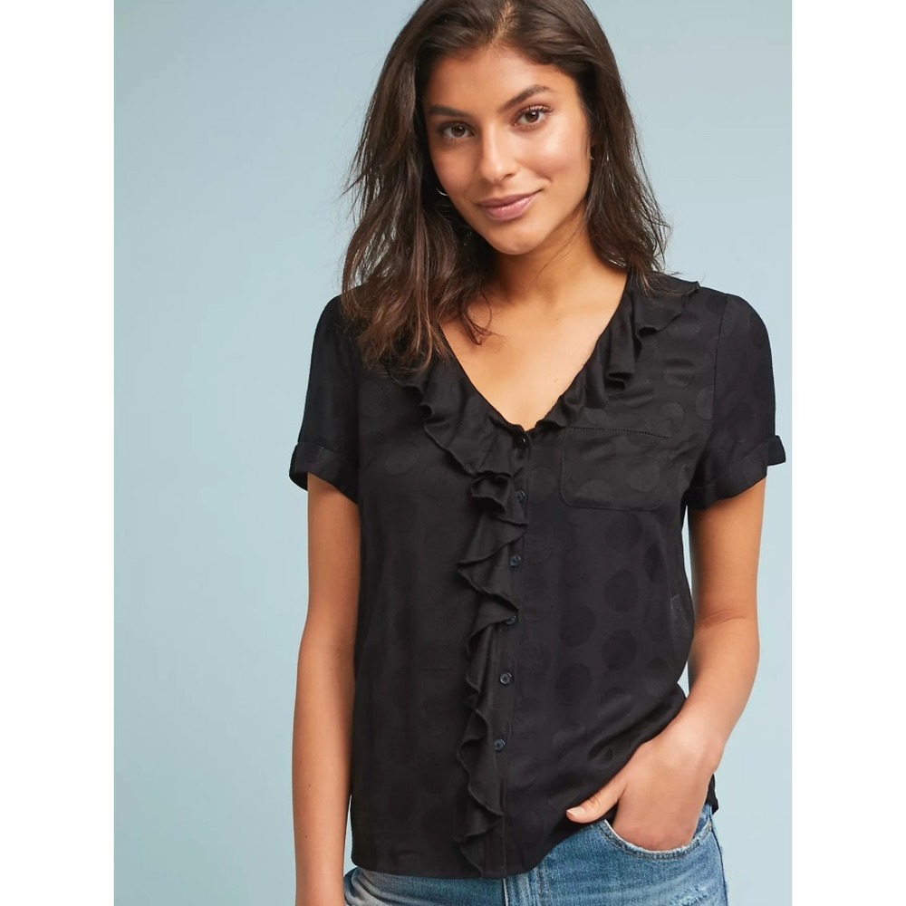 Maeve Anthropologie JoJo Ruffled Blouse Women's Large Black Preppy Casual Summer